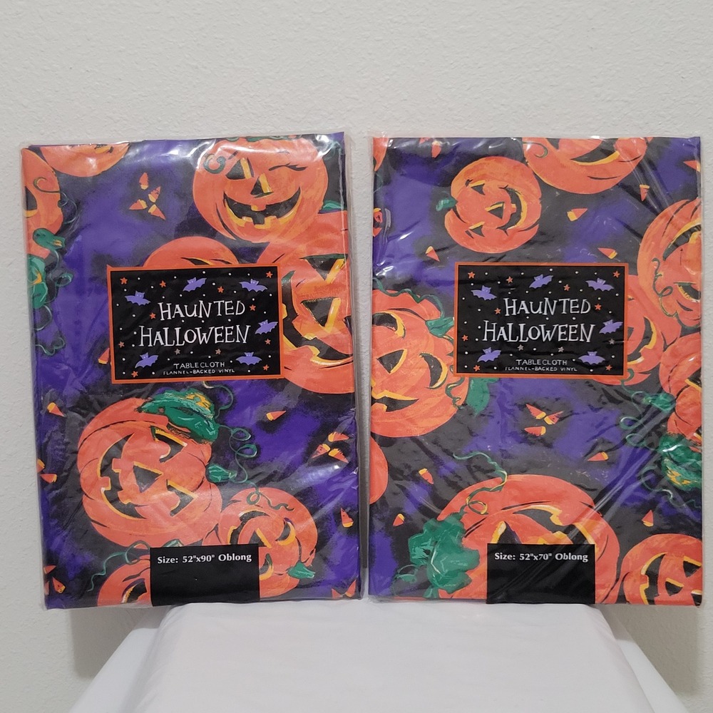 Elrene Haunted Halloween Tablecloths Bundle Vtg Vinyl Flannel Back 52x90 52x70